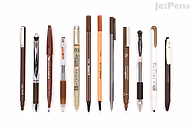A collection of ten brown pens and pencils arranged horizontally on a white background, showcasing various shades of brown and different pen styles, including ballpoint, gel, felt-tip, and mechanical pencils.