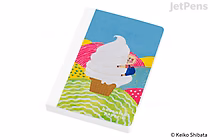 A colorful notebook with a cover illustration of a person hugging a large soft-serve ice cream cone against a vibrant, wavy background in blue, pink, yellow, and green.