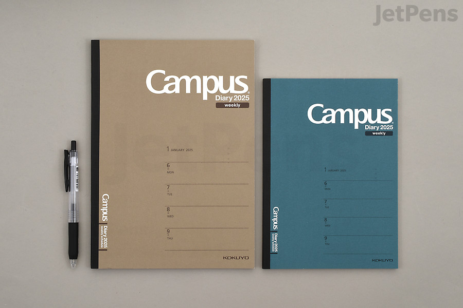 From left to right: Kokuyo Campus Weekly Horizontal Diary B5 and A5 sizes. 2025 version shown. Planner cover design may differ slightly year to year.