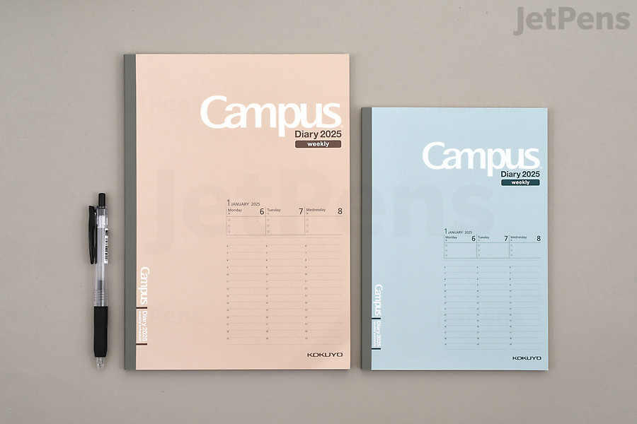 From left to right: Kokuyo Campus Weekly Vertical Diary B5 and A5 sizes. 2025 version shown. Planner cover design may differ slightly year to year.
