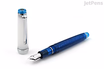 Sailor Pro Gear Slim fountain pen in deep blue with silver accents, featuring a 14k extra fine nib, shown uncapped with the cap placed beside it on a white background.