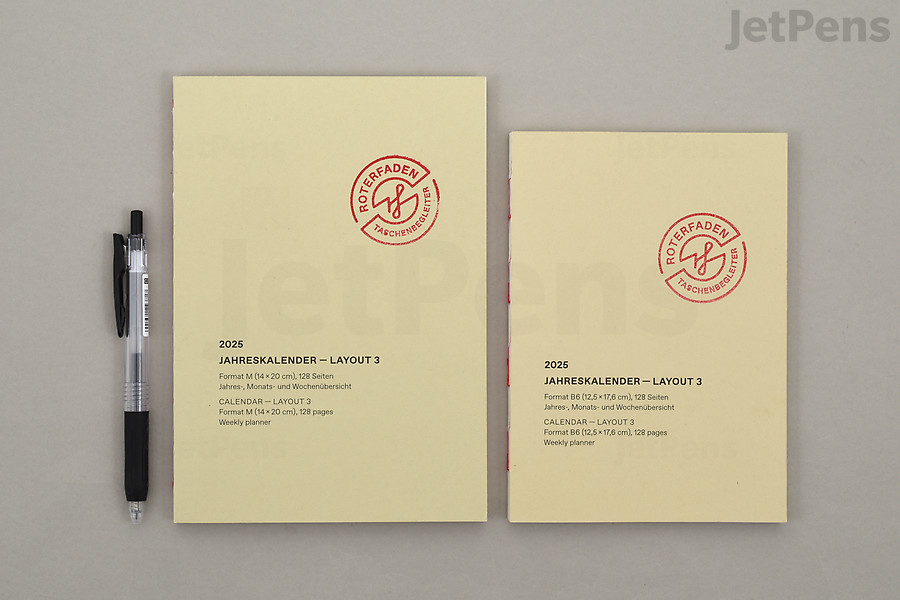 From left to right: Roterfaden Layout 3 Weekly Calendar A5 & B6 sizes. 2023 version shown. Planner cover design may differ slightly year to year.