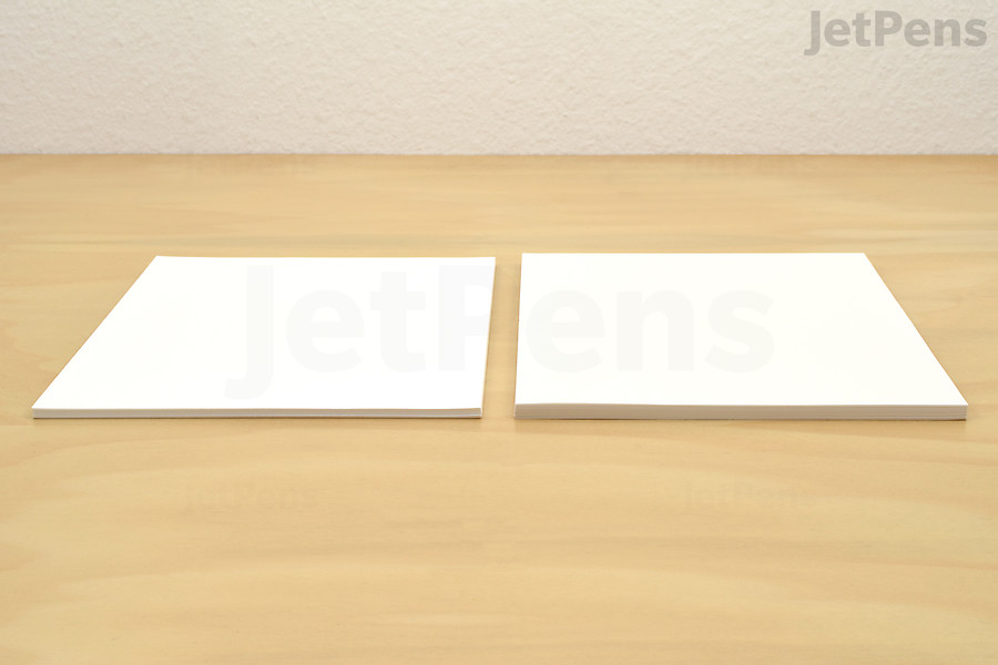 We compared 50 sheets of 52 gsm Tomoe River S (left) with 50 sheets of 75 gsm Sakae TP Iroful (right) in the image above.