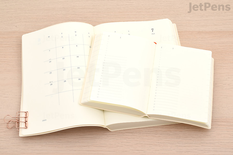 The softcover Midori MD 1 Day 1 Page Diary has dated monthly calendars and undated daily pages.