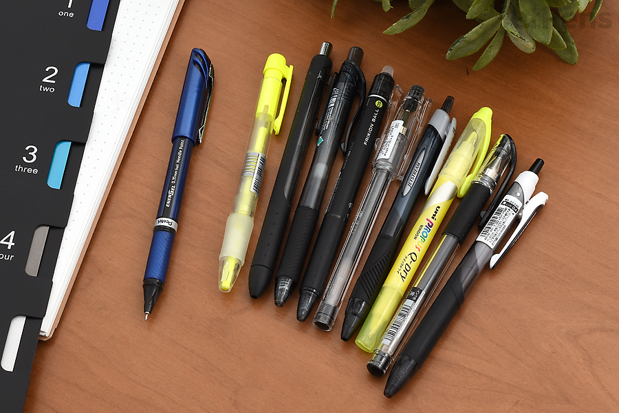 The JetPens Black Pen Sampler for the Left-Handed includes black pens and bright yellow highlighters.