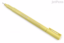 A slim, light yellow KOKUYO ME Finewriter Marker with a 0.35 mm tip, featuring a tennis racket-shaped body and black ink. The pen has a matching yellow cap with a clip.