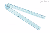A blue Midori Multi Ruler with two 30 cm measuring arms connected by a rotating hinge, allowing it to be adjusted at various angles.