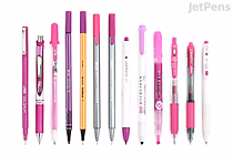 A lineup of various magenta and pink pens and mechanical pencils arranged horizontally on a white background, showcasing different styles and brands from the JetPens Magenta Pen Sampler.