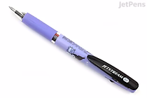 A Uni Jetstream 3-color ballpoint multi pen with a 0.5 mm tip, featuring a purple grip and barrel decorated with a Sanrio Kuromi character design, and a black clip.