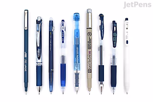 A lineup of eight blue-black pens arranged horizontally on a white background, showcasing various pen designs and styles, including gel, ballpoint, and mechanical pencils.