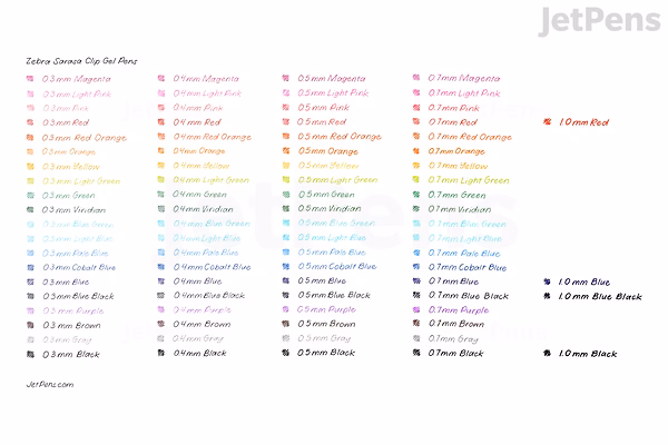 Chart displaying 84 color options for Zebra Sarasa Clip Gel Pens, each labeled with its color name, including various shades of blue, green, red, pink, purple, orange, brown, gray, and black.