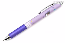 A Pentel EnerGel gel pen with a 0.5 mm tip, featuring a lavender barrel decorated with Sanrio's Kuromi character and flower designs. The pen has a purple grip and black ink.