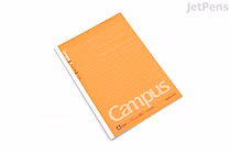 A5-sized KOKUYO Campus notebook with an orange cover featuring horizontal white lines and the word "Campus" in large white letters. The notebook is adhesive-bound and contains 30 sheets with a 7 mm dotted rule.