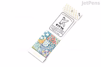 A roll of King Jim Kitta Washi Tape with a postage stamp design featuring colorful garden flowers. The tape is partially unrolled and displayed on its white packaging.