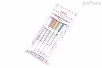 A pack of five Zebra Mildliner double-sided highlighters in calm pastel colors, featuring fine and bold tips, displayed in clear plastic packaging.