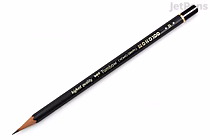 A sharpened black Tombow MONO 100 pencil with gold lettering, labeled as grade B, lying diagonally on a white background.