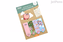 A set of five colorful Kirby-themed page markers featuring various poses of Kirby on pink, green, and blue backgrounds, packaged on a beige card labeled "Beverly Cocosasu Page Markers."