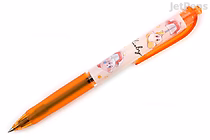A Uni Jetstream Kirby Ballpoint Pen with a 0.5 mm tip, featuring a white barrel decorated with colorful illustrations of Kirby and Waddle Dee characters. The pen has an orange grip and clip, and uses black ink. It is a limited edition design.