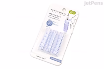 A pack of three Kutsuwa Punyu Spiral Pencil Grips in sheer blue, displayed on white retail packaging with product information and illustrations.