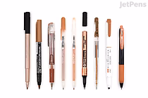 A collection of eight copper-themed pens and writing tools arranged horizontally, showcasing various pen styles including gel pens, mechanical pencils, and brush pens, all with copper or rose gold accents.