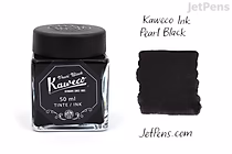 A 50 ml bottle of Kaweco Pearl Black fountain pen ink with a black cap, accompanied by a swatch of the ink color showing a deep, rich black shade. The text "Kaweco Ink Pearl Black" is displayed above the swatch.