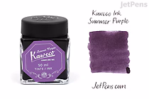 A 50 ml bottle of Kaweco Summer Purple ink with a black cap and a purple label. Next to the bottle is a swatch of the ink showing a rich, vibrant purple color. The text "Kaweco Ink Summer Purple" and "JetPens.com" are also visible.