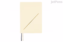 Hobonichi Techo A5 English 2026 planner in ivory cover with slim diagonal gold slash design and two ribbon bookmarks (black and cream)
