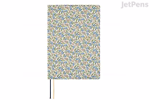 A5 Hobonichi Techo notebook with Liberty Fabrics "Sasha Kiora" tiny multicolor floral pattern cover, two ribbon bookmarks (yellow and black), 2026 January start.