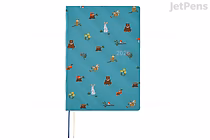 Hobonichi Techo HON A5 English planner "Bow & Tie: In the Forest" 2026 Jan start. Teal cover scattered with small bears in bow ties and birds, two thin bookmark ribbons.