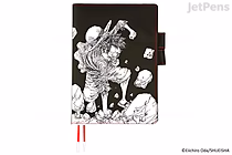 Black Hobonichi Techo Cousin A5 planner cover with white sketch of One Piece's Straw Hat Luffy mid-punch, scattered debris and cards, red dual bookmark ribbons.