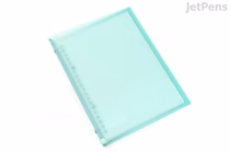 Light-blue translucent Maruman Kurufit A5 binder with 20 metal rings, slim plastic covers and rounded corners, shown at a slight angle.