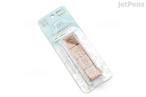Packaged Midori Yuru Log pre-inked paintable stamp set in pale blue blister pack, showing three small wooden square stamps with forest scenery designs.