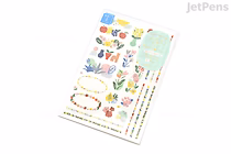 Two removable sticker sheets (Midori Yuru Log Motif Textile) with small colorful floral, plant, label and washi-style strip designs on white backing.