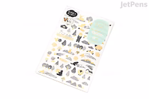 Midori Yuru Log removable sticker sheet "Camouflage Forest" with small woodland icons—trees, tents, bears, mountains, campfires—in muted green, yellow, and gray on white backing