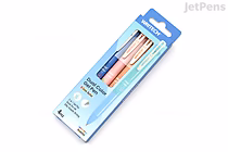 Pack of three Writech dual-color multi pens (0.5 mm), pastel barrels each with four vibrant color sliders, shown in blue retail blister card packaging labeled "Writech."